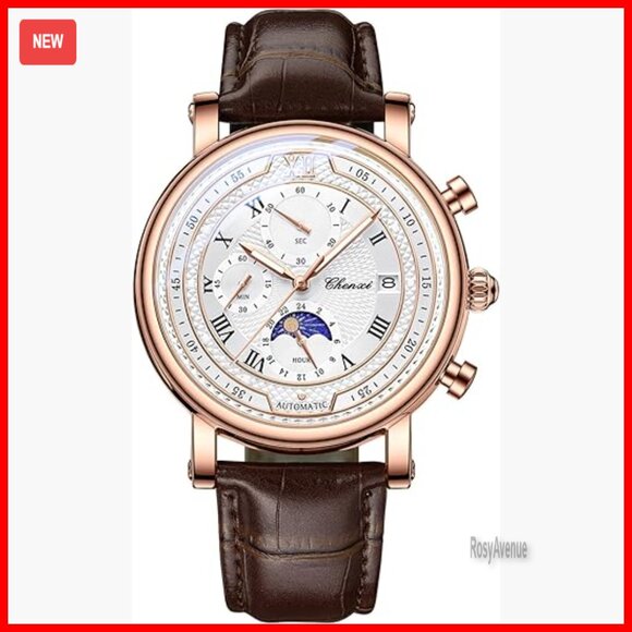 Men's Leather Strap Watch with Three-Eye Dials Date and Luminous Hands